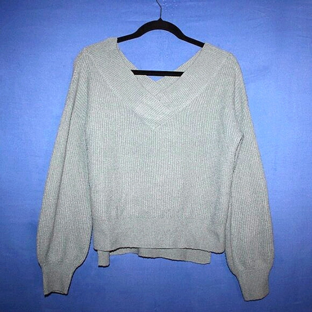 Pink Rose V-Neck Balloon Sleeve Sweater Sage Small